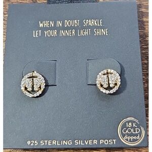 18k Gold Dipped Anchor Stud Earrings 925 Sterling Silver Post Crystal Nautical